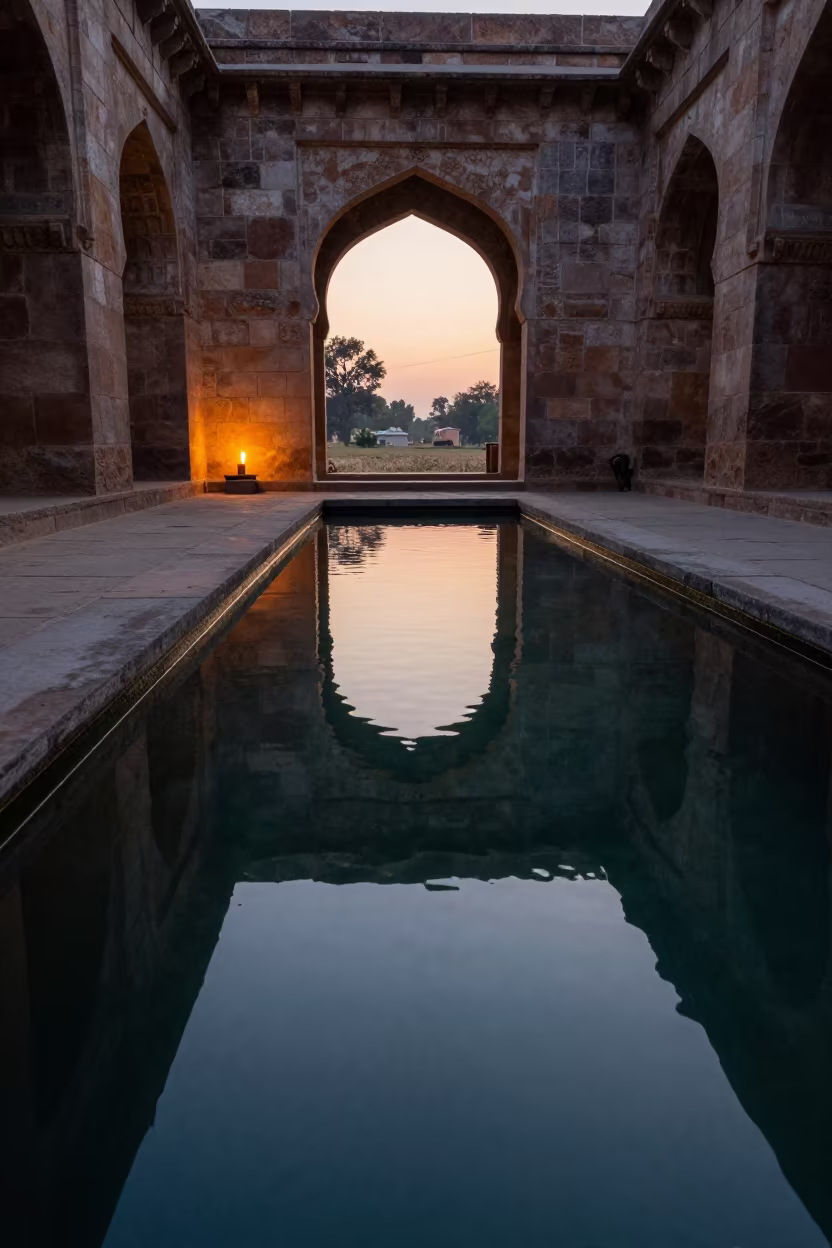 Water Reflection Splits Landscape in Skylit Passage in inside a skylit passageway near Batala