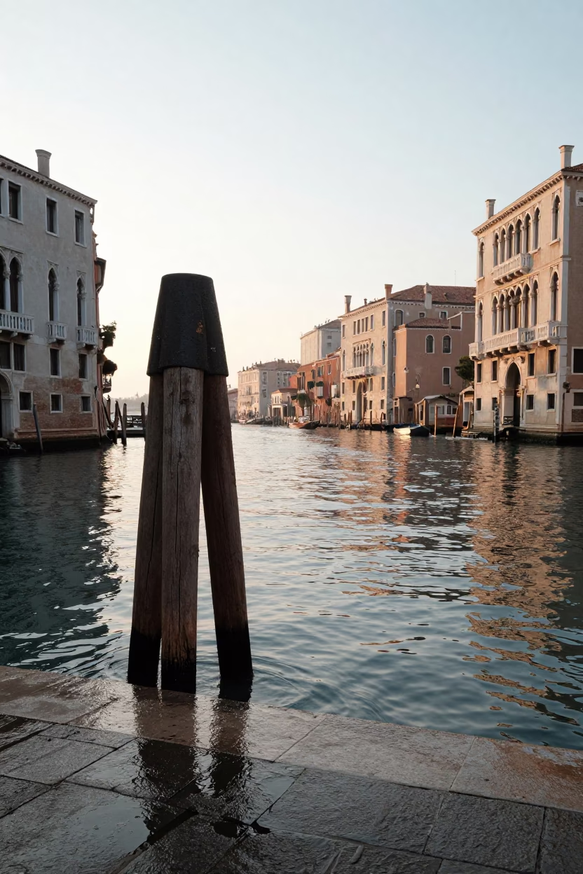 Water Reflections in Venice at As First Light Reaches The Scene in in Venice, Italy