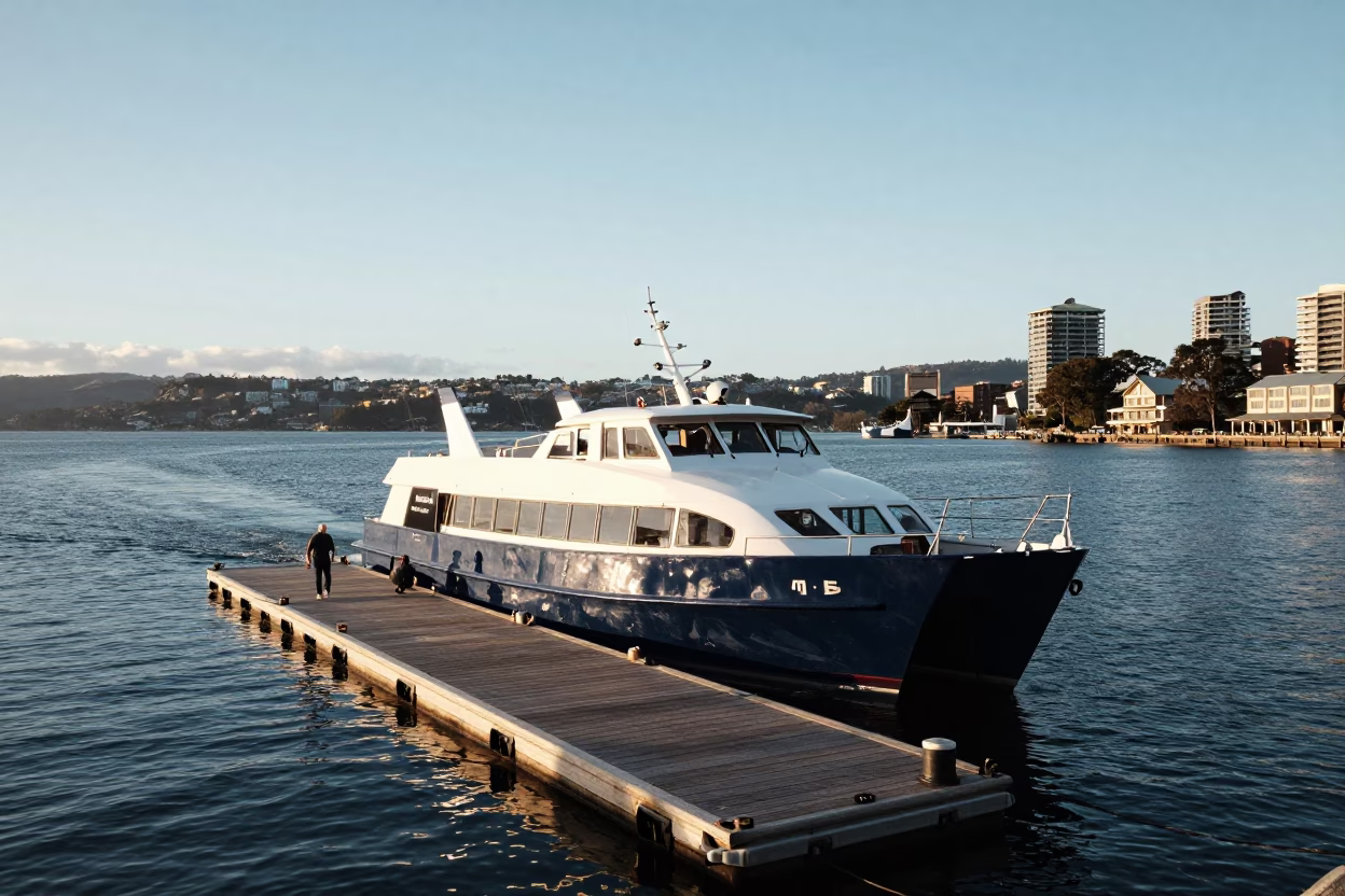 Water taxi at floating dock in Hobart Tasmania late afternoon harbor view in in Hobart, Tasmania, Australia
