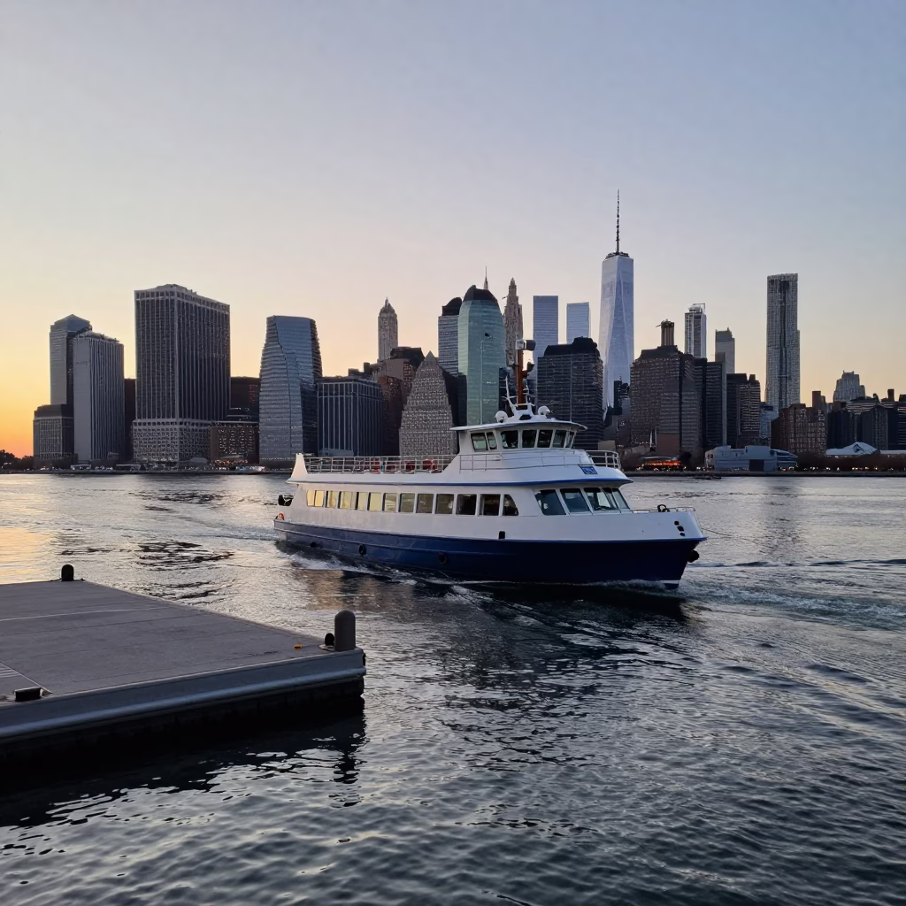 Water Taxi at Floating Dock in New York City During Nautical Dawn in in New York, New York, United States