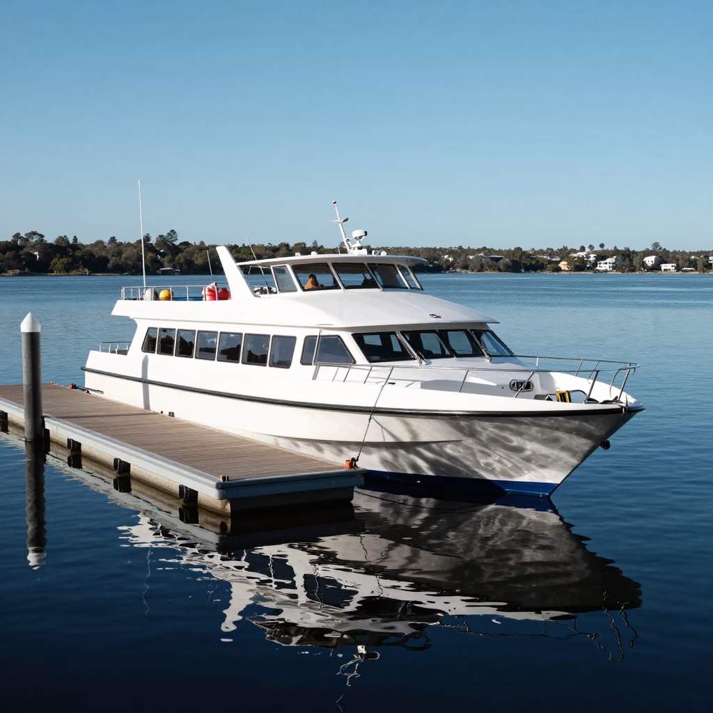 Water taxi at floating dock in Perth Western Australia under noon glare in in Perth, Western Australia, Australia