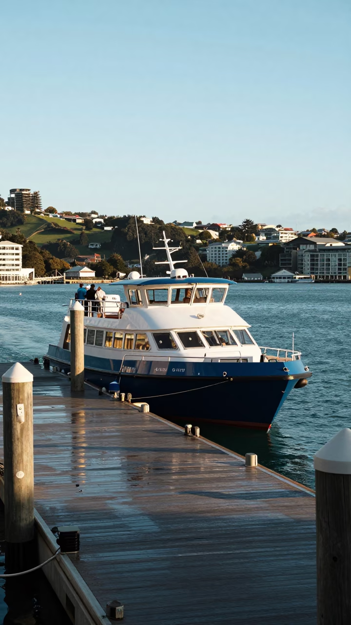 Water taxi at floating dock in Wellington New Zealand late afternoon light in in Wellington, New Zealand
