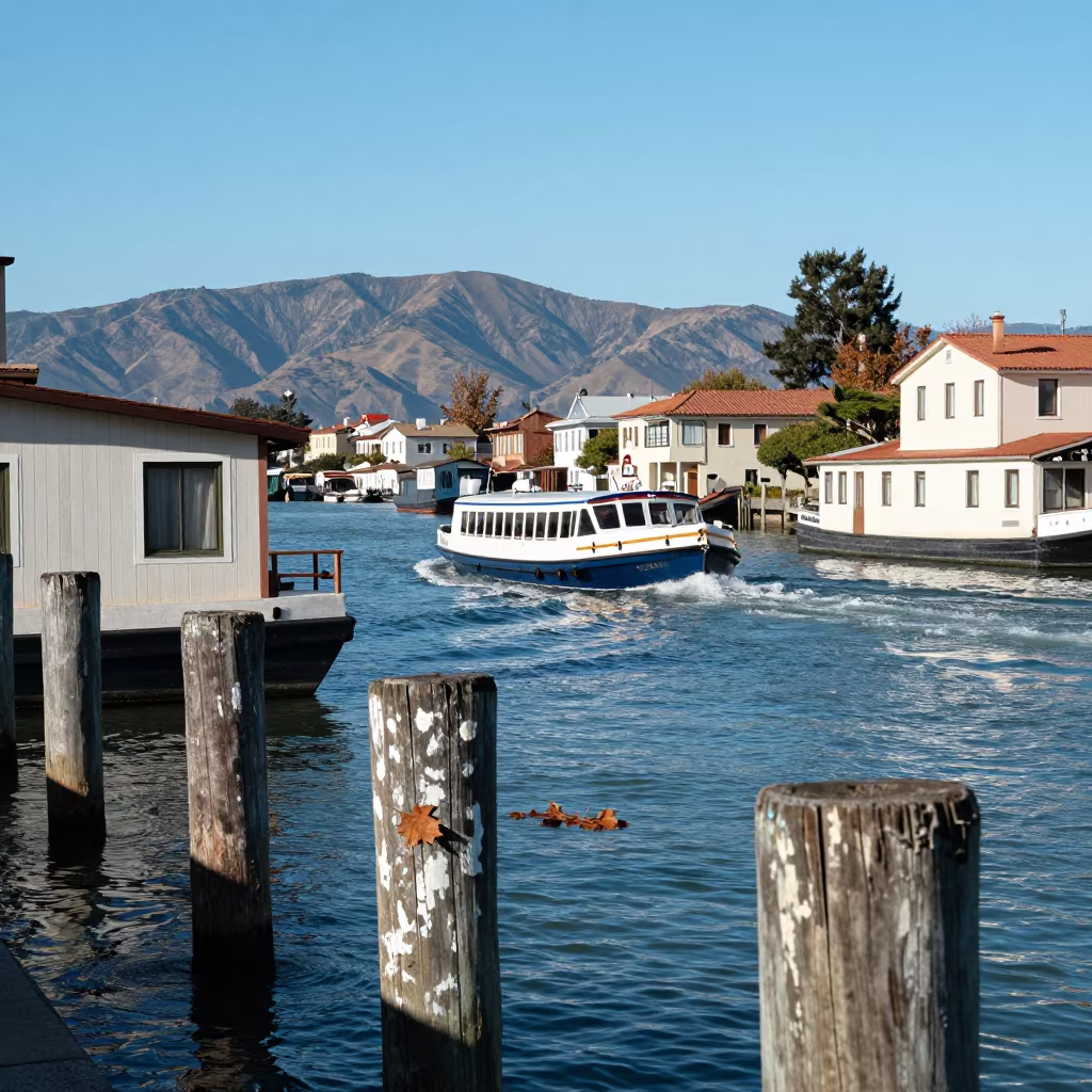 Water Taxi Zigzagging Between Canal Houseboats in near San Francisco