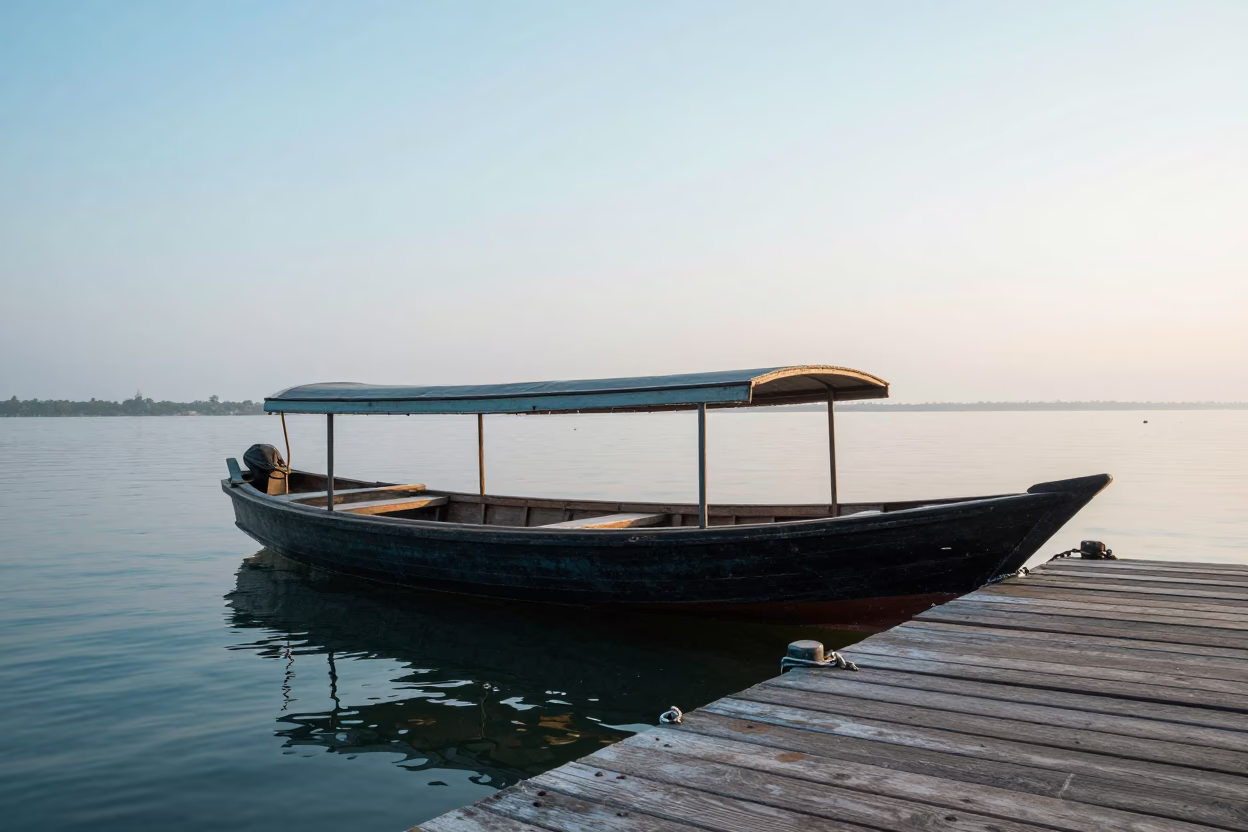 Water Taxi Docked at Floating Jetty in Kochi Backwaters Early Morning Light in in Kochi, India