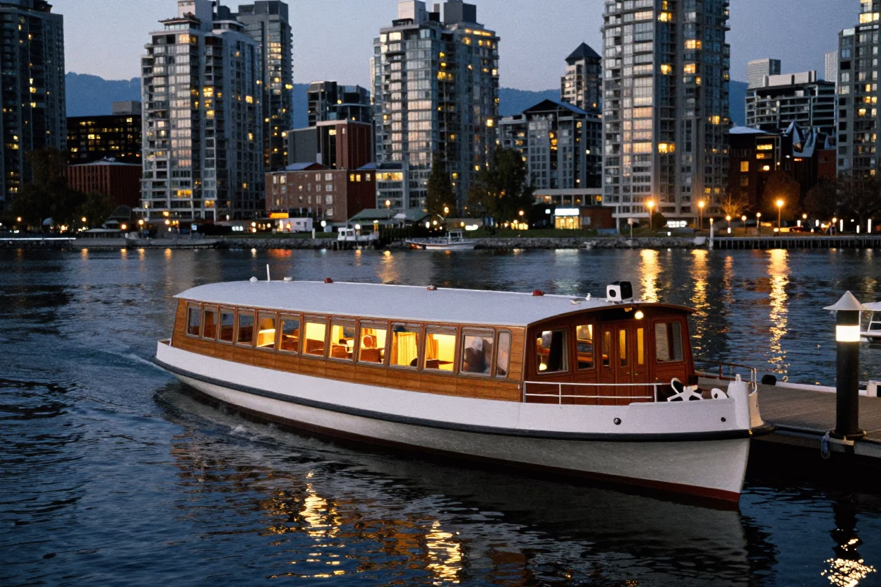 Water Taxi Docking at False Creek Vancouver British Columbia City Lights Glow in in Vancouver, British Columbia, Canada