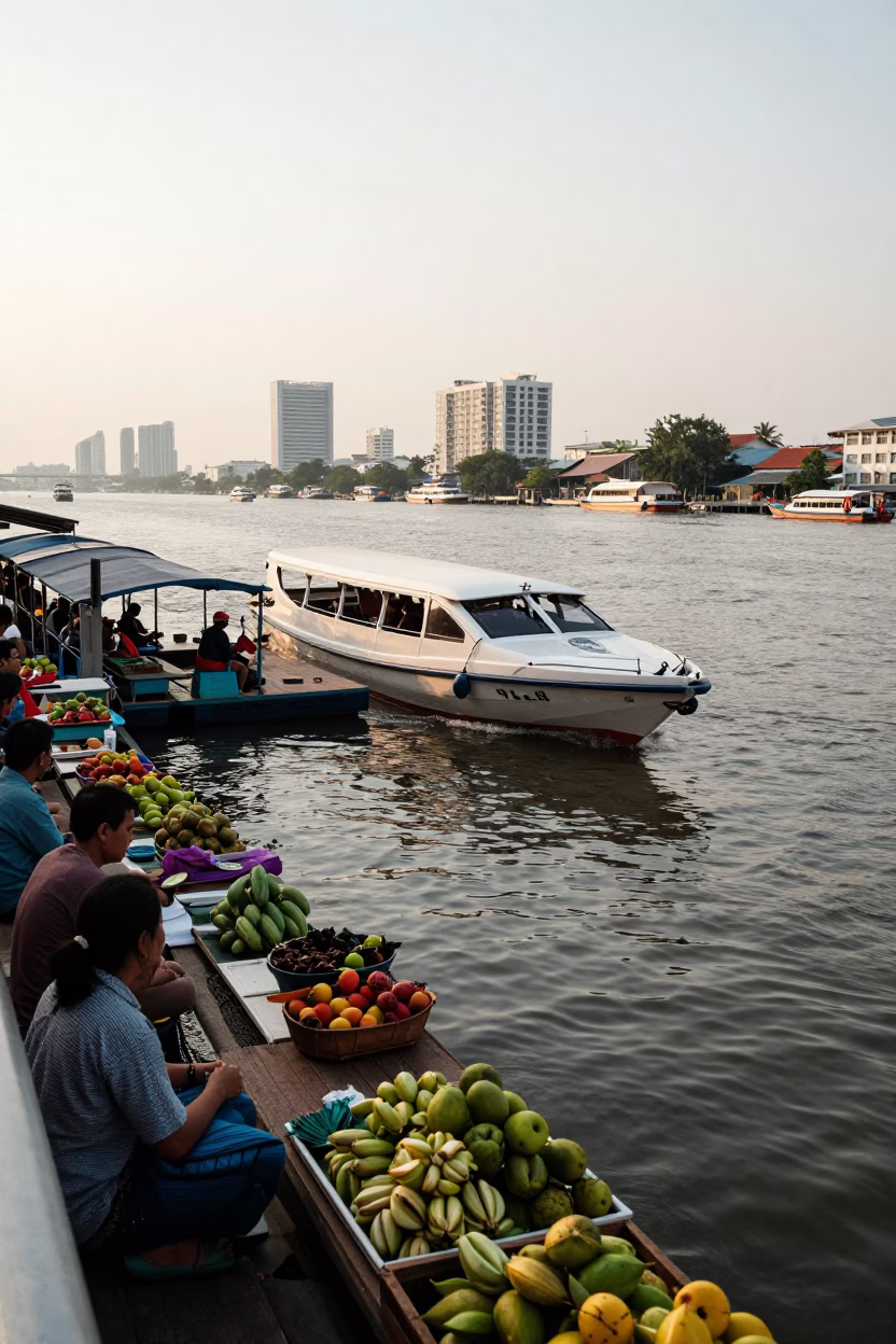 Water Taxi Docking at Floating Dock During Nautical Dawn in Bangkok Thailand in in Bangkok, Thailand