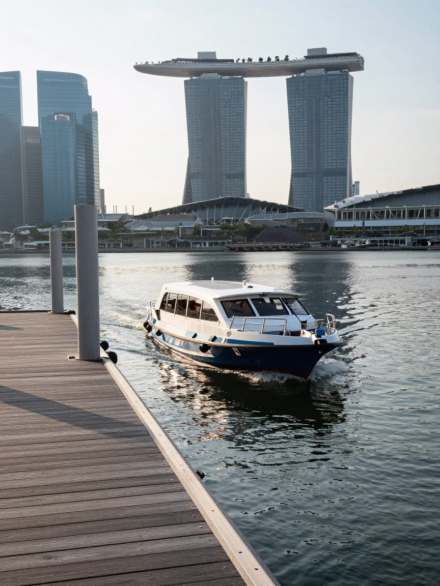 Water Taxi Docking at Singapore Marina Bay Late Morning Sunlight in in Singapore, Singapore