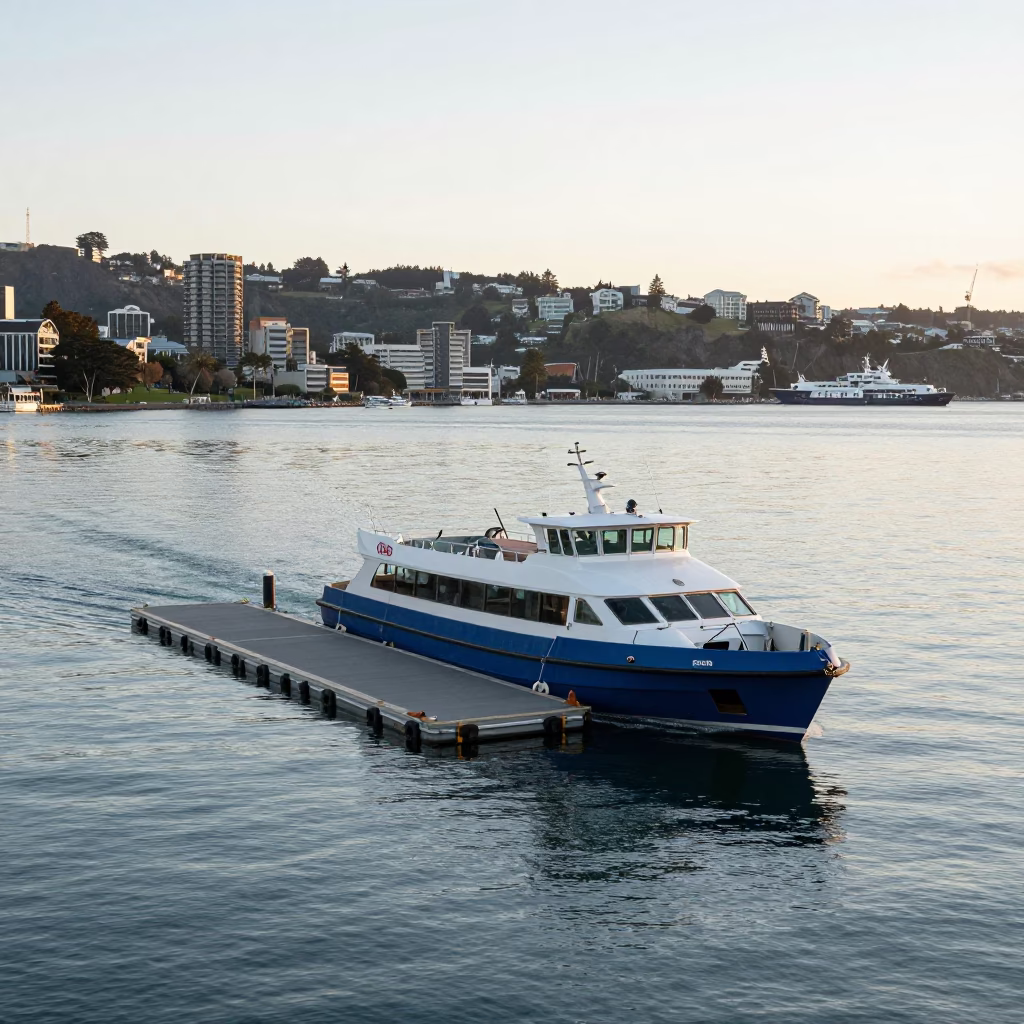 Water Taxi Docking at Wellington Floating Pier During Early Morning First Light in in Wellington, New Zealand
