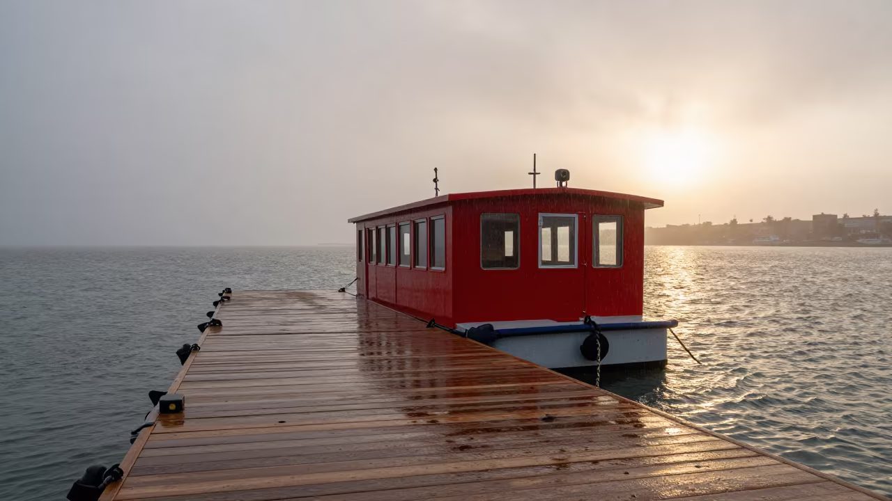 Water Taxi At Foggy Algerian Dock Horizon in beside a fogbound harbor mouth in Algeria