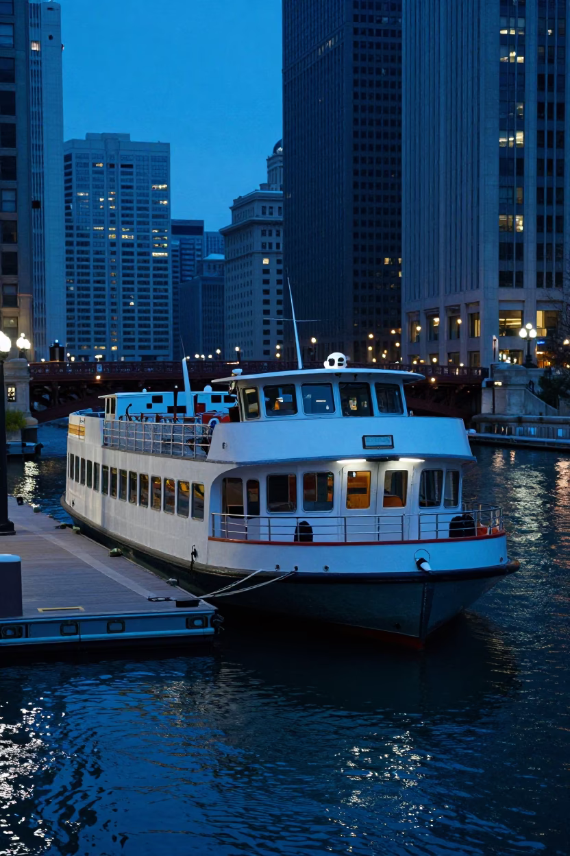 Water Taxi in Chicago at The Last Blue Light Of Evening in in Chicago, Illinois, United States