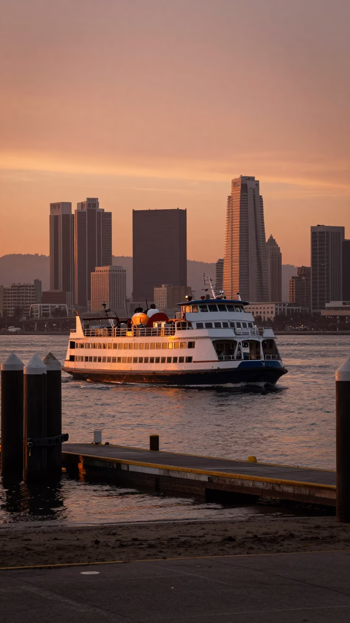 Water Taxi in Los Angeles at Copper-toned Light Before Dusk in in Los Angeles, California, United States