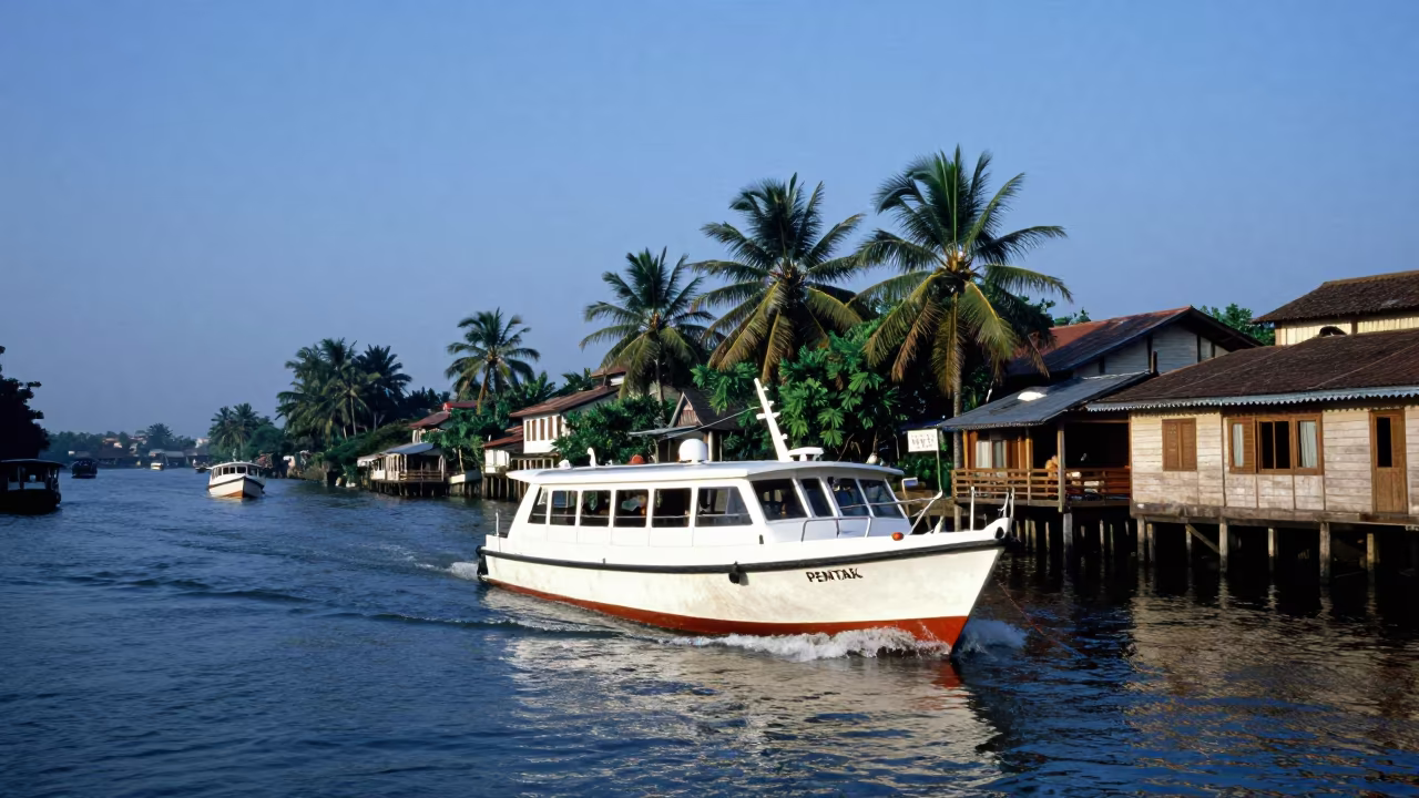 Water Taxi Zigzagging Between Mumbai Canal Houseboats in across a remote ferry crossing near Mumbai
