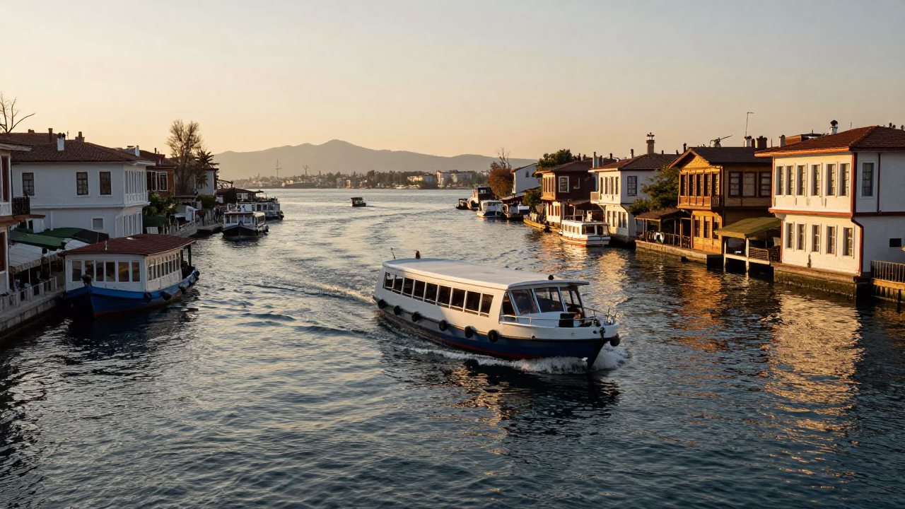Water Taxi Navigating Canal Among Houseboats in Izmir in in Izmir, Turkey