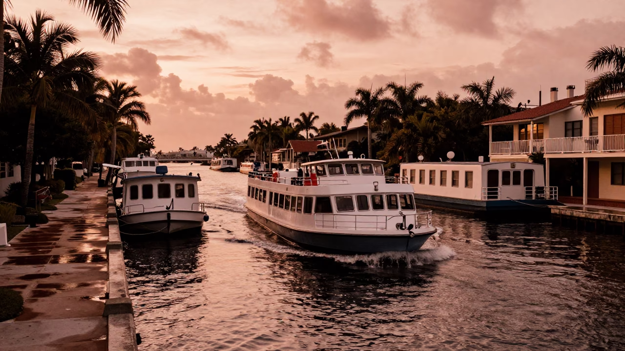 Water Taxi Navigating Miami Canal Houseboats in Copper Dusk Light in in Miami, Florida, United States