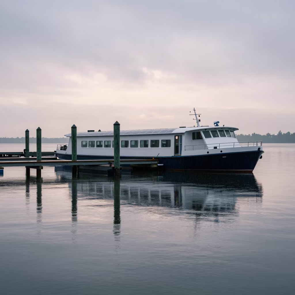 Water Taxi Reflected in Rain at Causeway Dock in on a wind-open causeway in United States