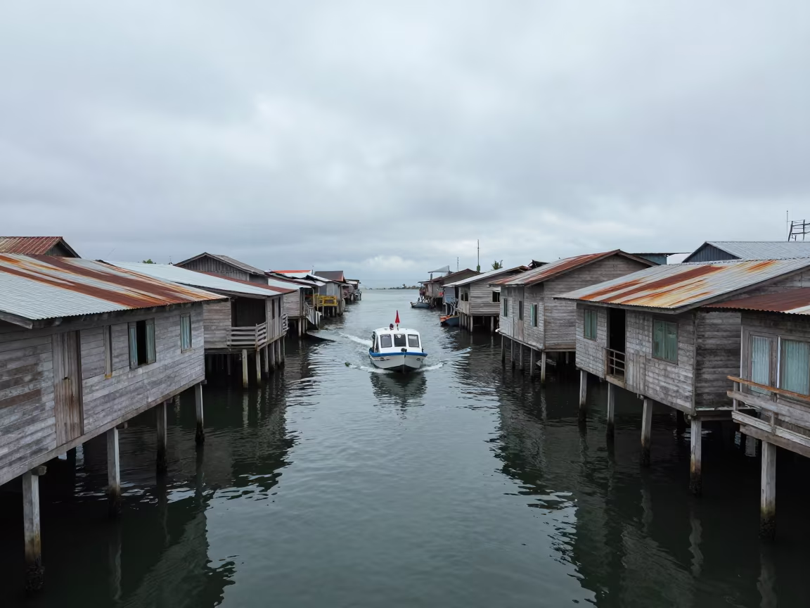 Water Taxi Zigzagging Between Salvador Canal Houseboats in beside a fogbound harbor mouth near Salvador