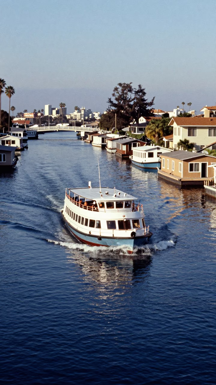 Water Taxi Zigzagging Between Houseboats in San Diego Canal During Late Afternoon Light in in San Diego, California, United States