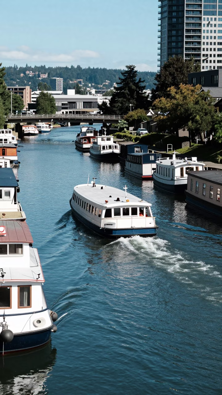 Water Taxi Zigzagging Past Canal Houseboats in Portland Oregon Midday in in Portland, Oregon, United States
