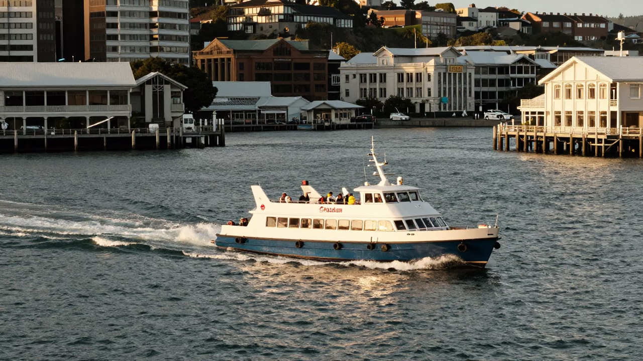 Water Taxi Zigzagging Through Wellington Harbour at Late Afternoon with Strawberry Vendor in in Wellington, New Zealand