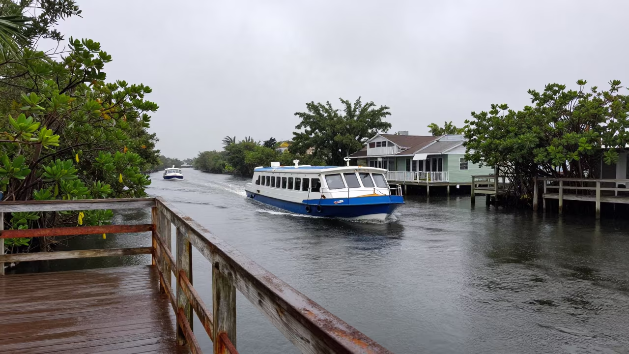 Water Taxi Zigzags Between Florida Canal Houseboats in on a wind-open causeway in Florida