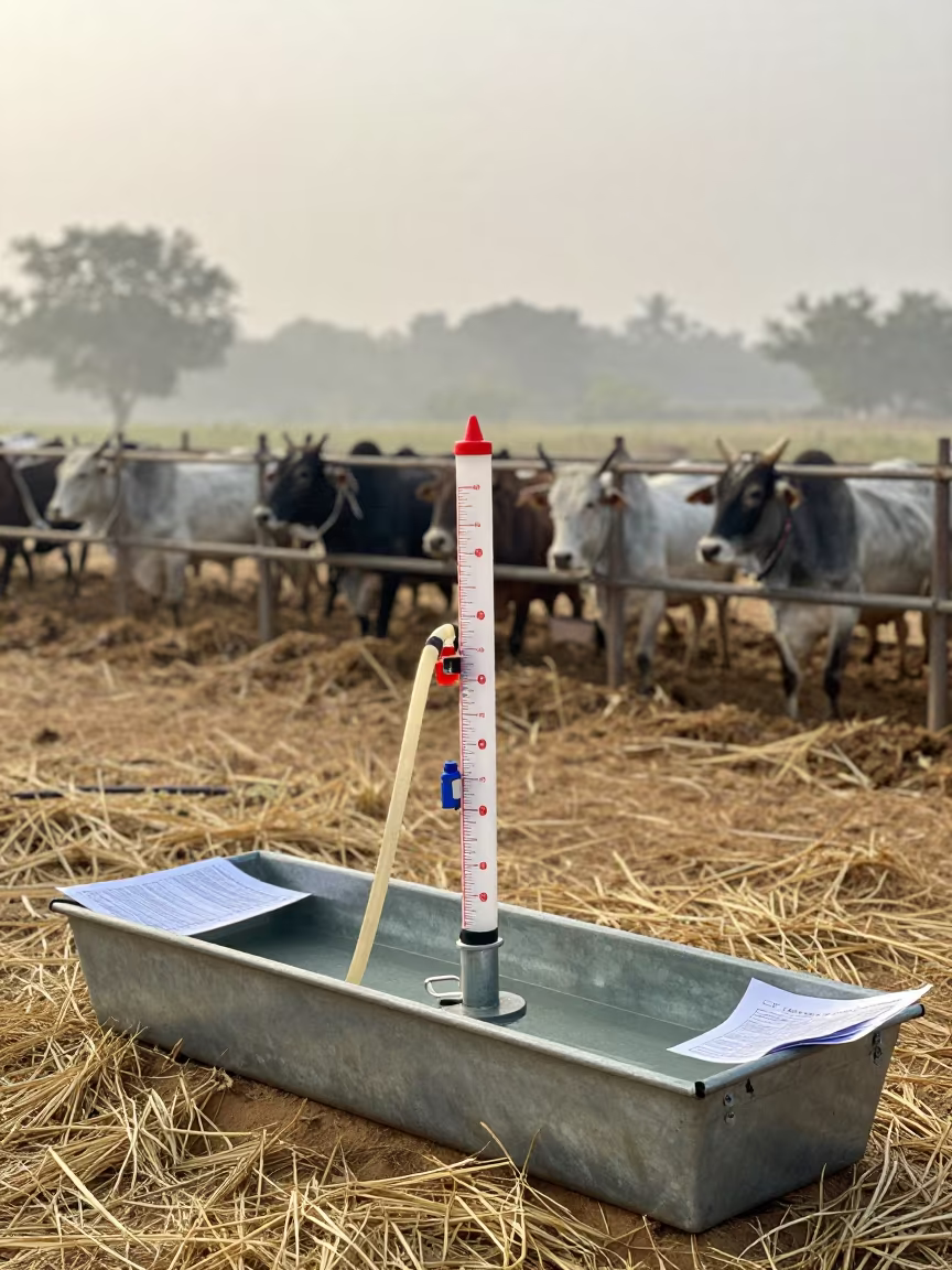 Water Test Cylinder Near Trough Early Morning in near a windbreak and water trough in Andhra Pradesh
