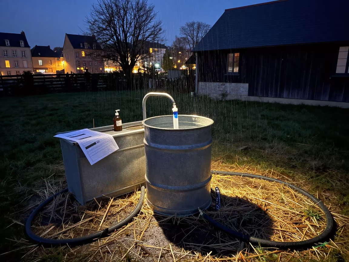 Water Test Cylinder Near Trough in Normandy Rain in near a windbreak and water trough in Normandy