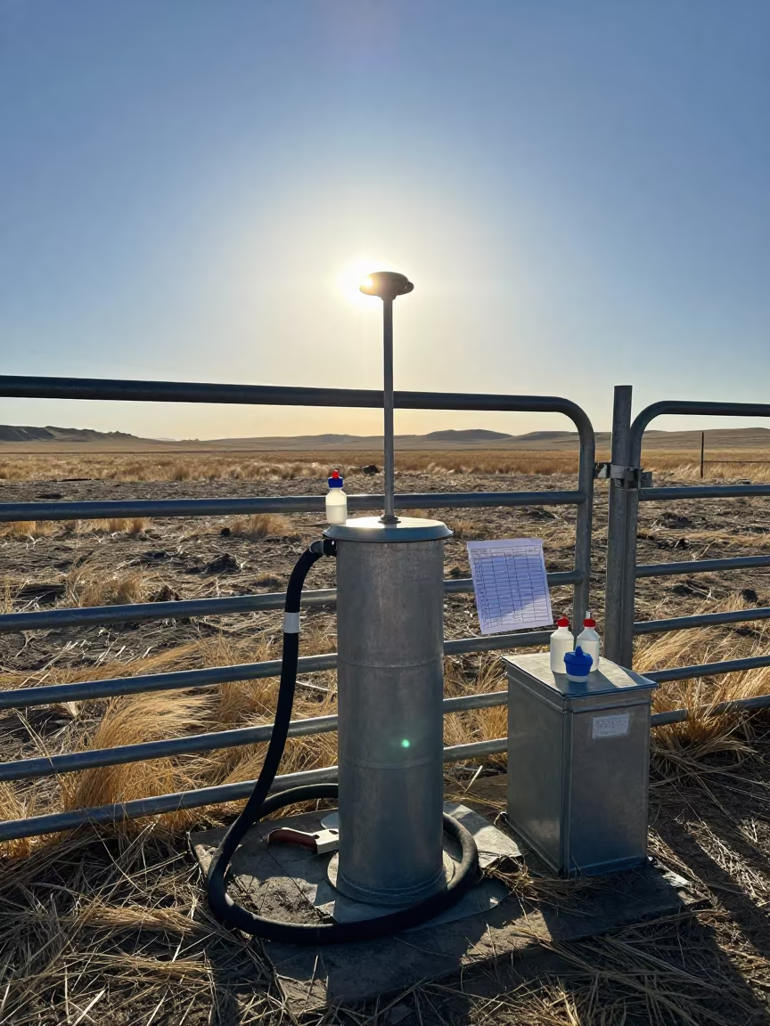 Water Test Cylinder Silhouetted Against Late Winter Light in beside a pasture gate in Mongolia