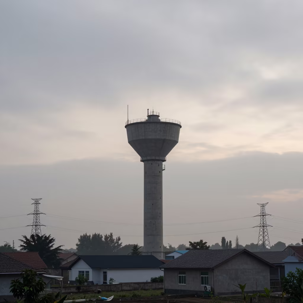 Water Tower Above Misty Aba Houses in Dawn Light in beneath transmission towers in Aba