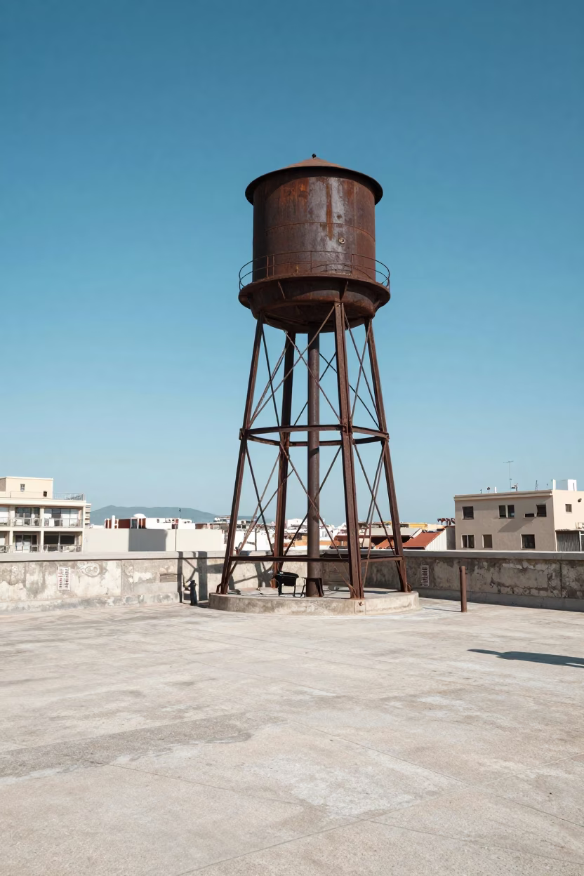 Water Tower at The Flat Glare Of Noon Light in Barcelona in in Barcelona, Spain