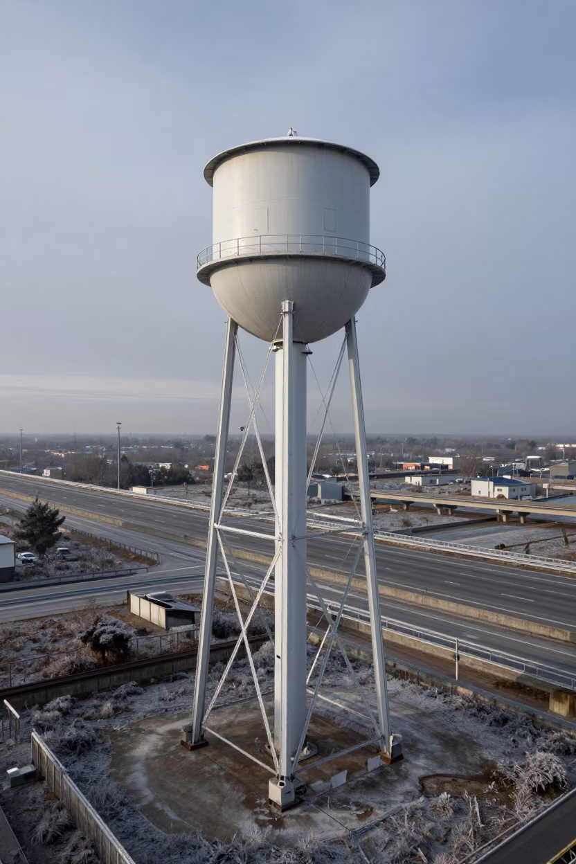 Water Tower Base and Cable Trays Winter Frost in across a windy overpass interchange in Thủ Đức