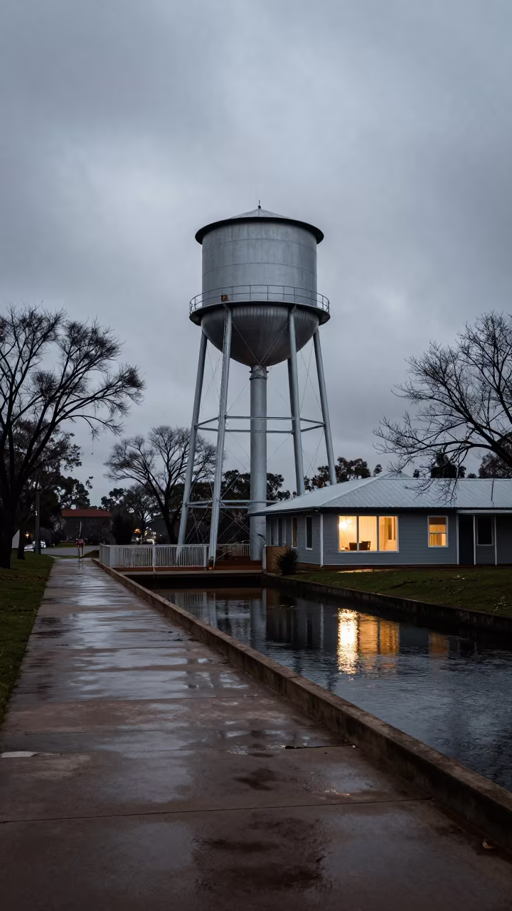 Water Tower Home Beside Canal at Night in beside a canal-front facade in Northern Territory
