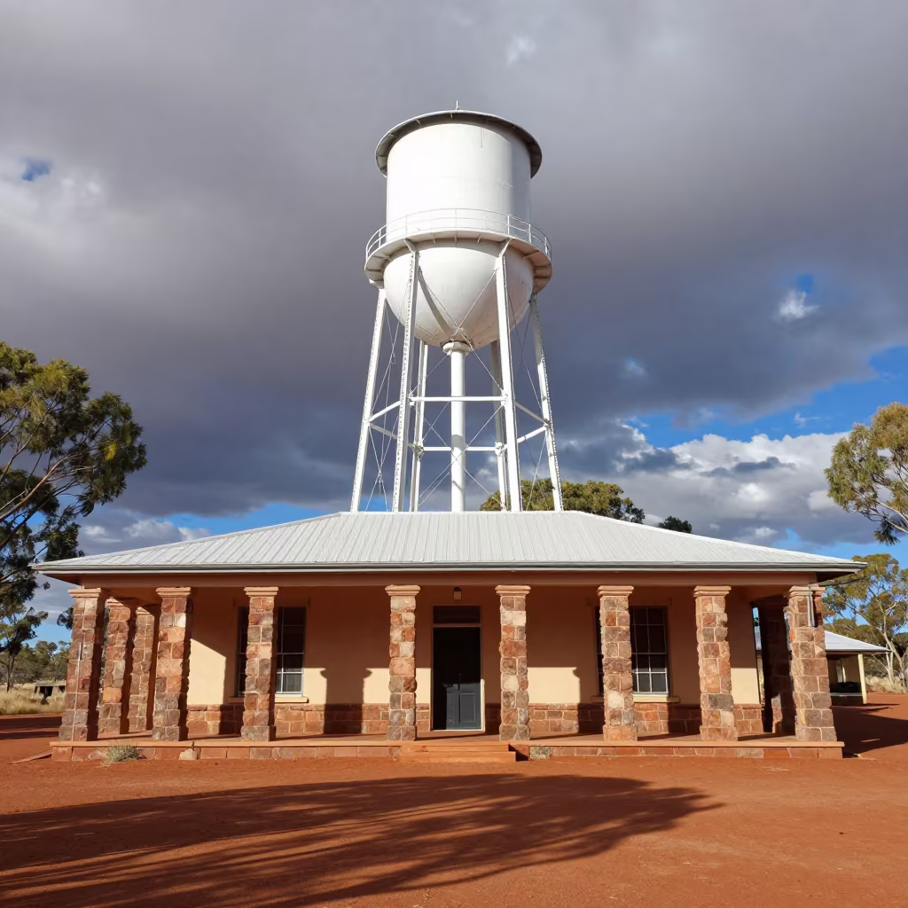 Water Tower House on Colonnade Outback Noon in along a colonnaded facade in the Outback