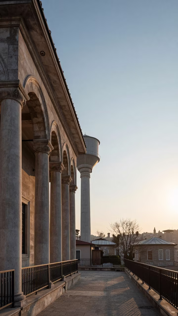Water Tower House at Dawn Istanbul in along a colonnaded facade near Istanbul