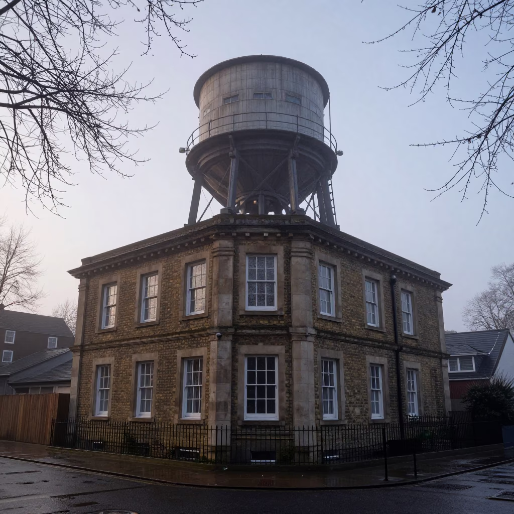 Water Tower House at Dawn Near London in along a colonnaded facade near London