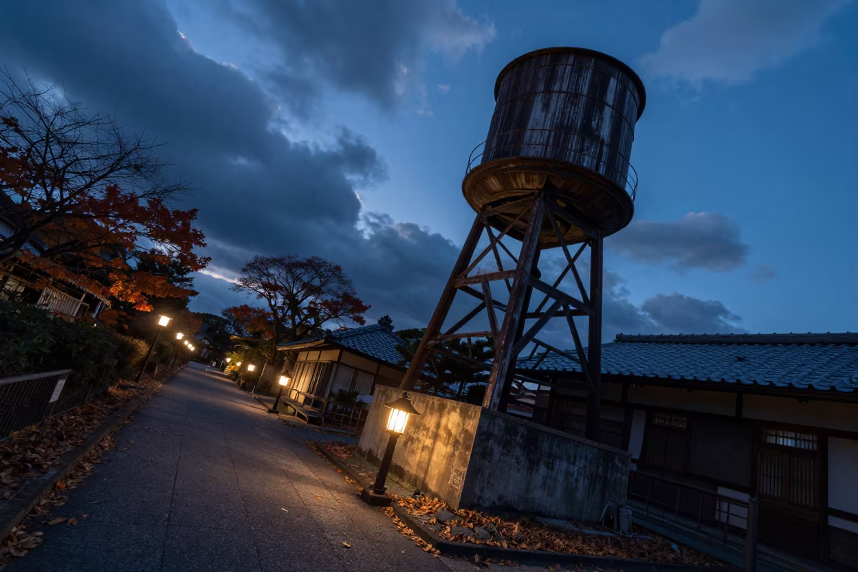 Water Tower House Toyama Temple Blue Hour in in a lantern-lined temple precinct near Toyama