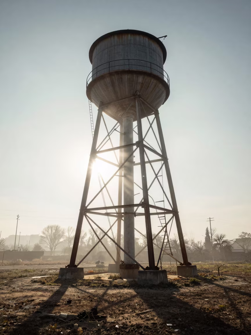 Water Tower Ladder in Bucharest Morning Mist in beneath transmission towers in Bucharest