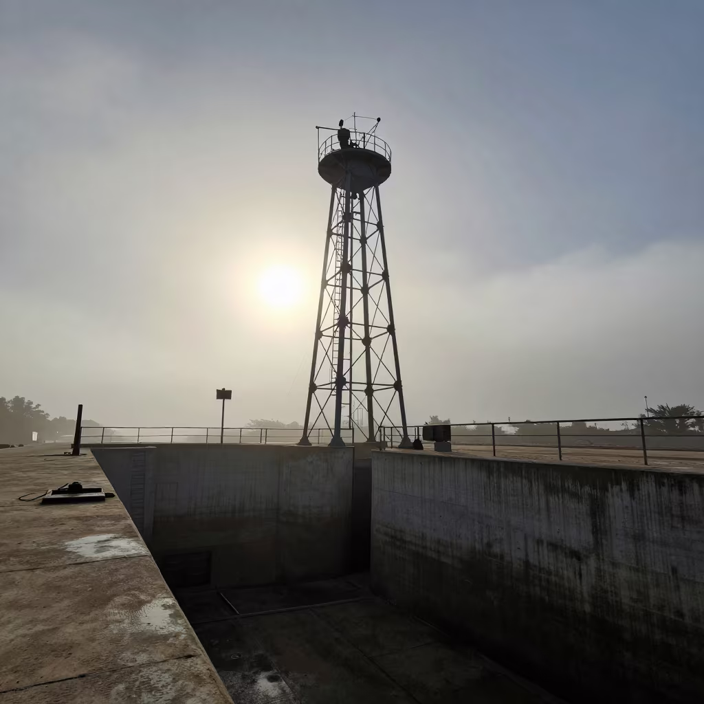 Water Tower Ladder Rising Into Lunar Mist in at a canal lock chamber near Dakar