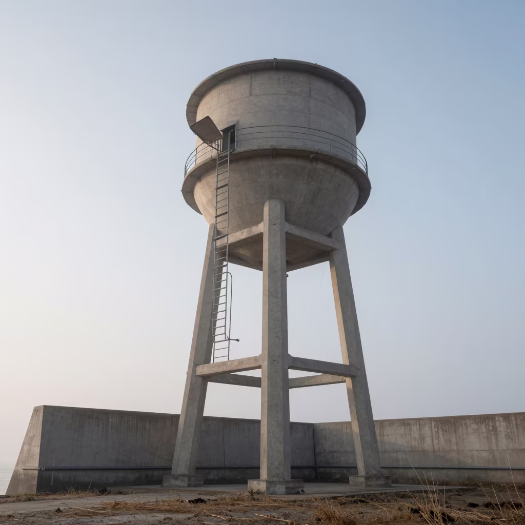 Water Tower Ladder Rising Into Morning Mist in beside a storm surge barrier near Addis Ababa