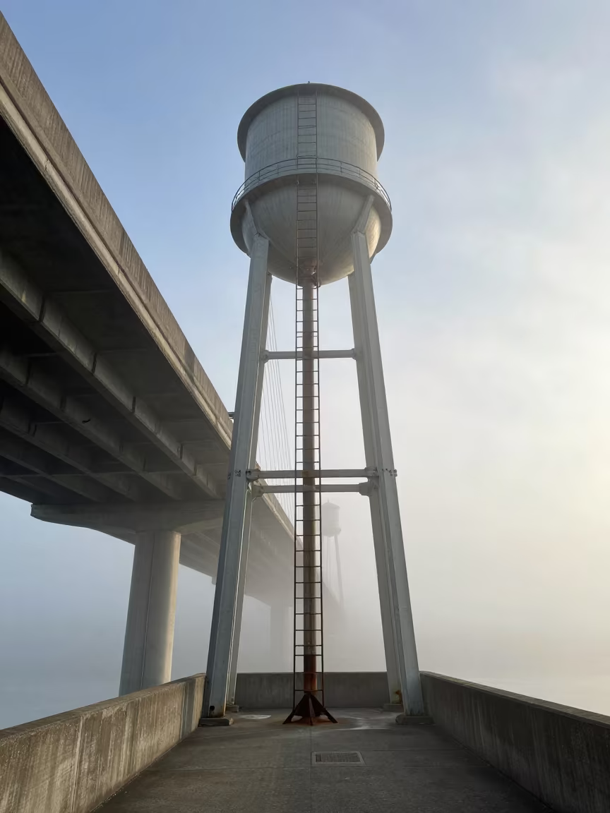 Water Tower Ladder in Morning Mist Under Bridge in under a cable-stayed bridge span in Spokane