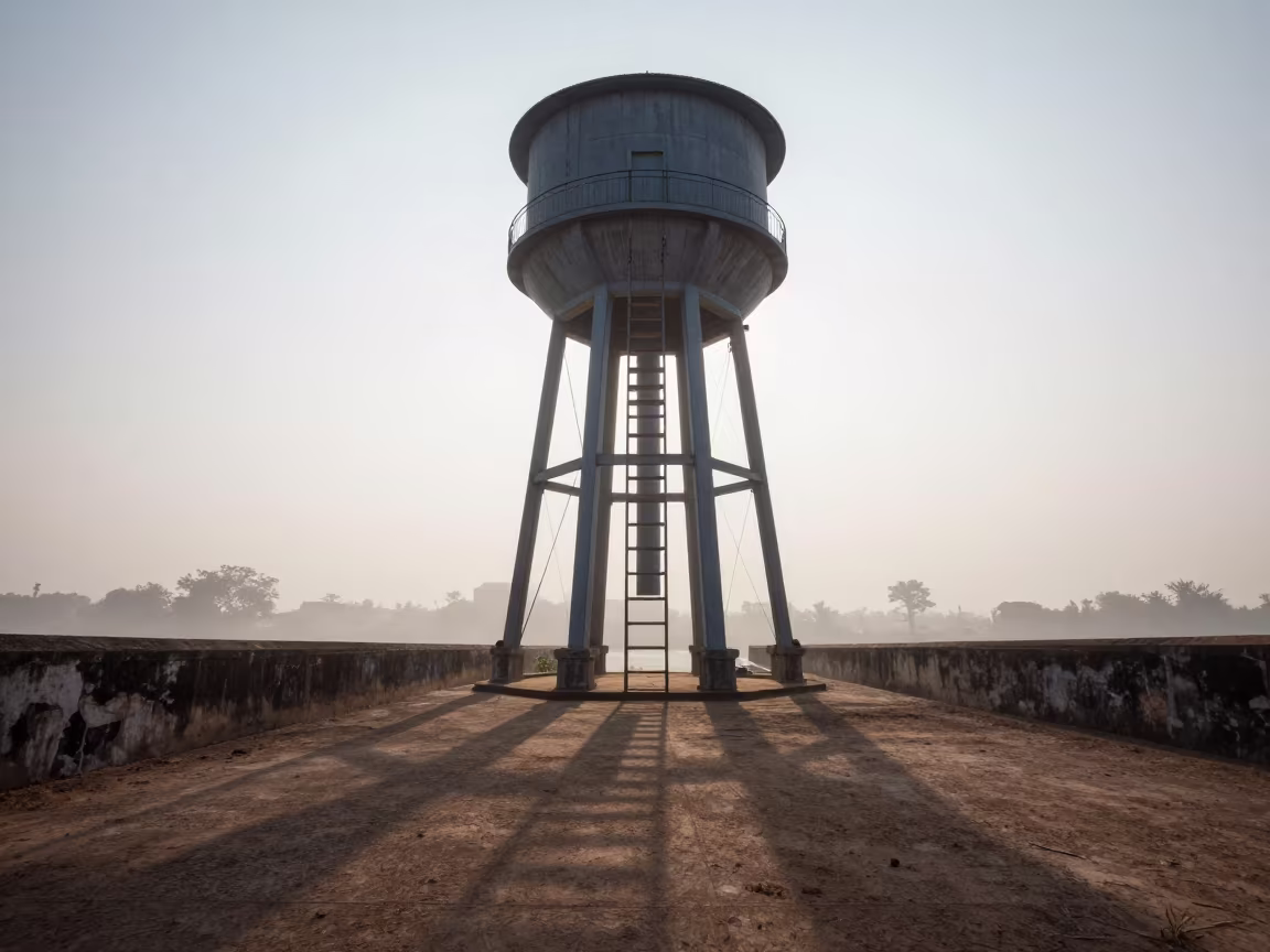 Water Tower Ladder in Morning Mist in along a dam spillway in Vientiane