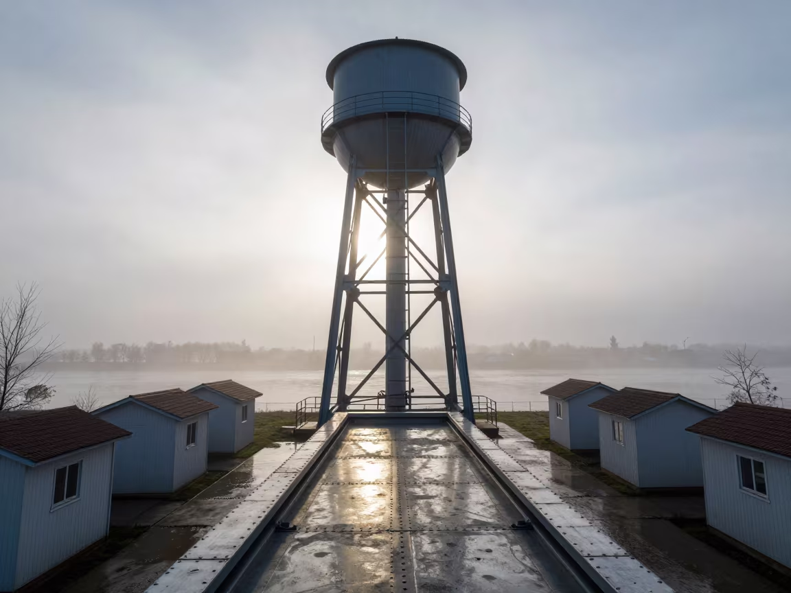 Water Tower Ladder Rises Through Misty Hungarian Dawn in along a levee path above floodwater in Hungary