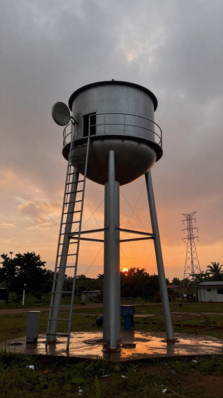 Water Tower Ladder Sunset Lagos Island in beneath transmission towers near Lagos Island, Lagos