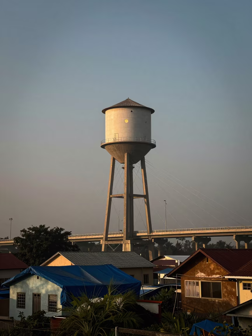 Water Tower Rising Above Lagos Houses in Morning Haze in under a cable-stayed bridge span near Lekki, Lagos