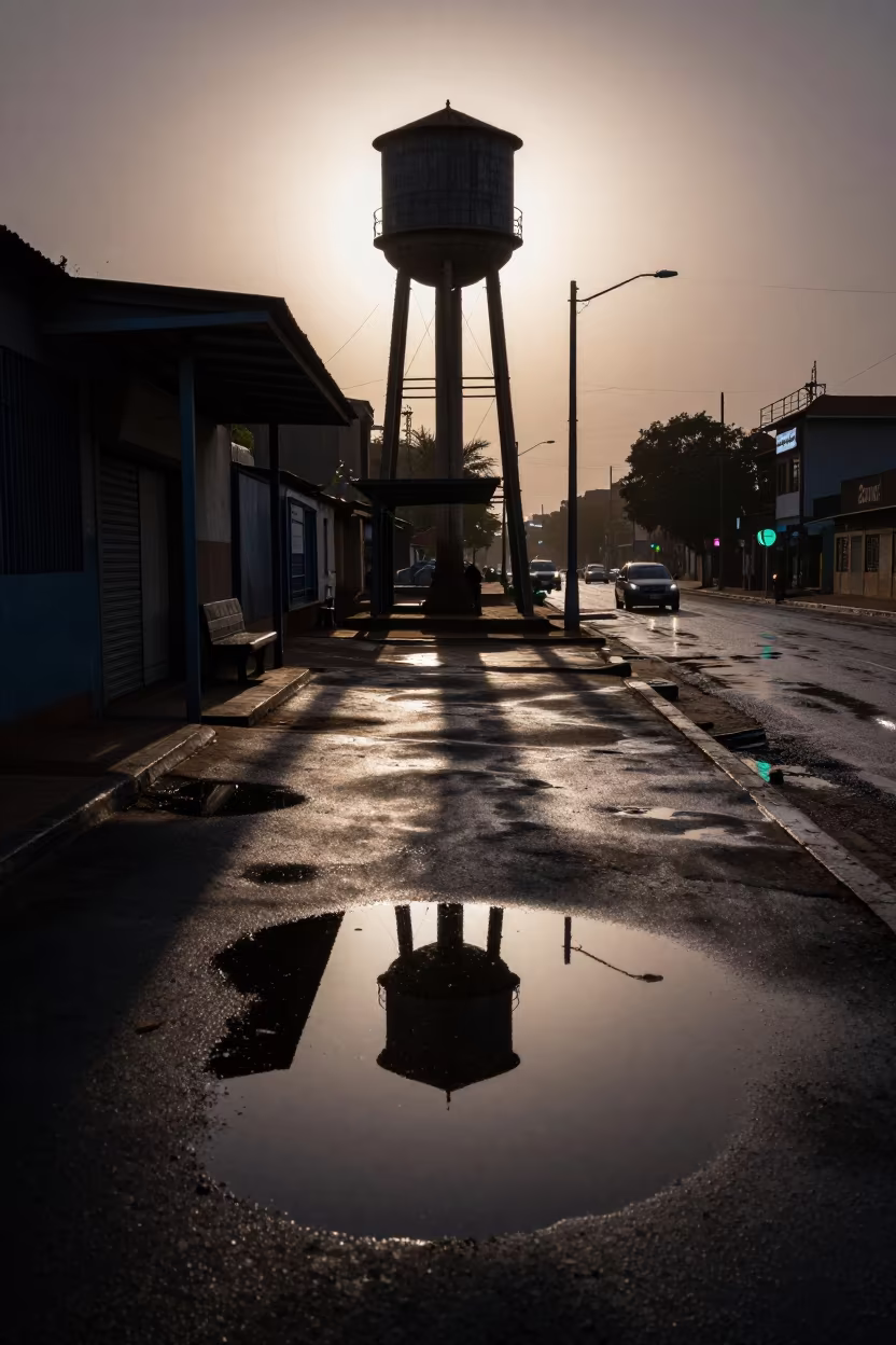 Water Tower Puddle Reflection at Tabou Tram Stop in at a tram stop in Tabou