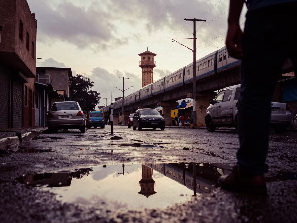 Water Tower Reflection in Hargeisa Alley Puddle in under an elevated train line in Hargeisa