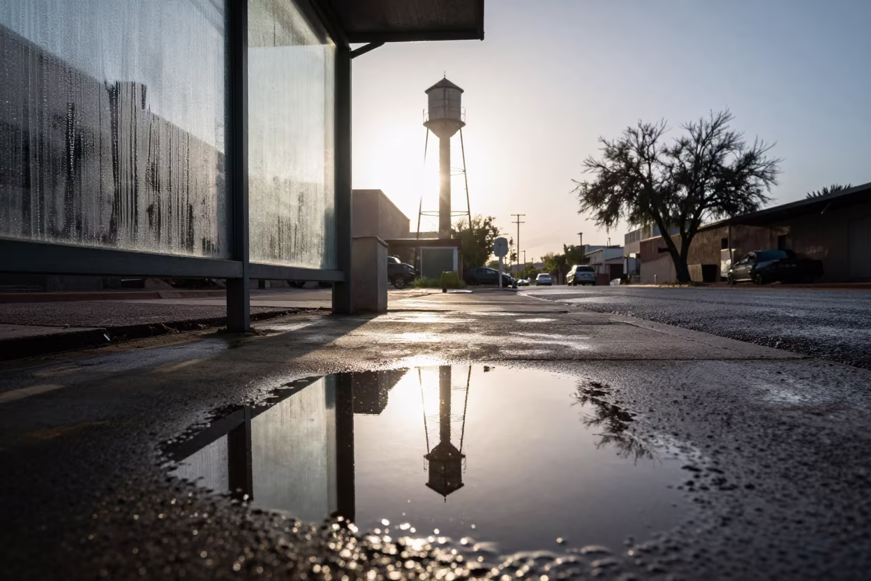 Water Tower Reflection in Phoenix Alley Puddle in beside a steamed-up bus shelter in Phoenix
