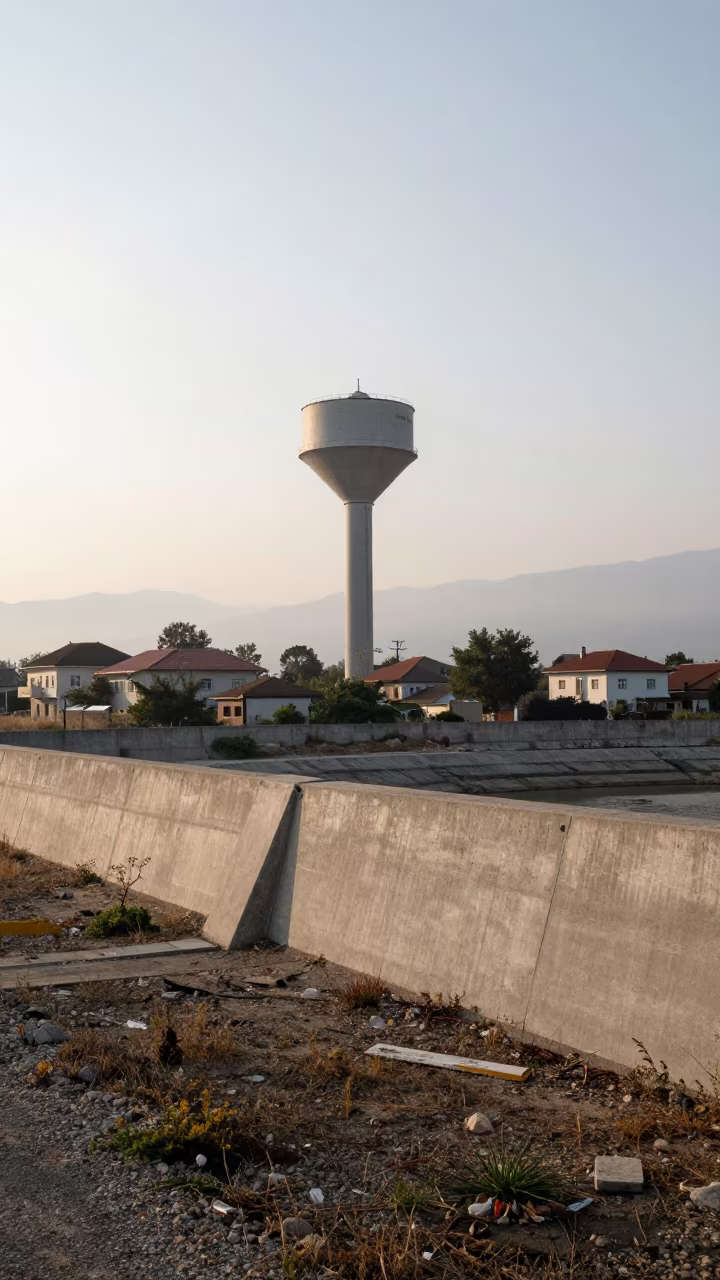 Water Tower Rising Over Albanian Haze in beside a storm surge barrier in Albania