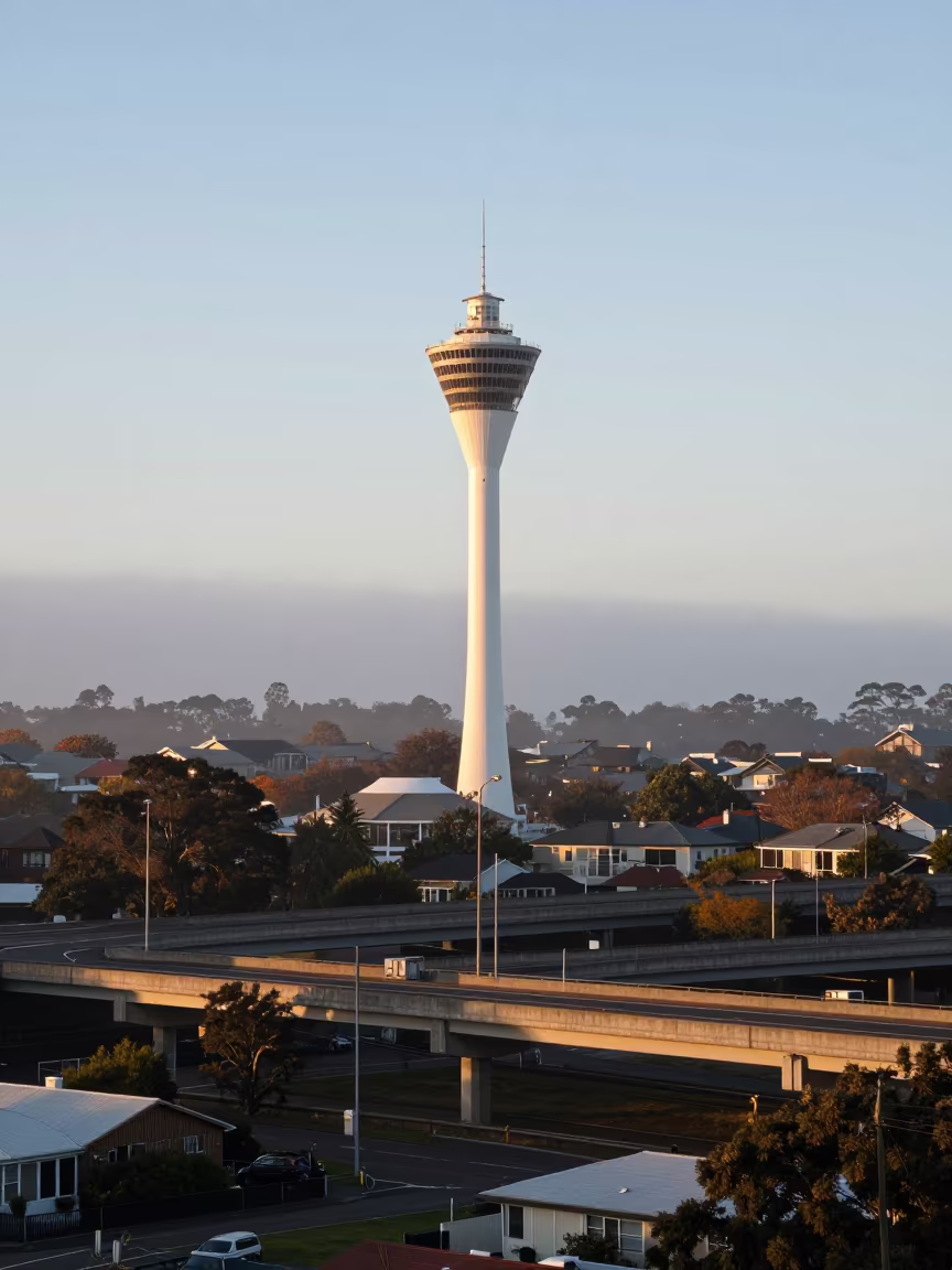 Water Tower Rising Over Sydney Overpass in Morning Haze in across a windy overpass interchange near Sydney