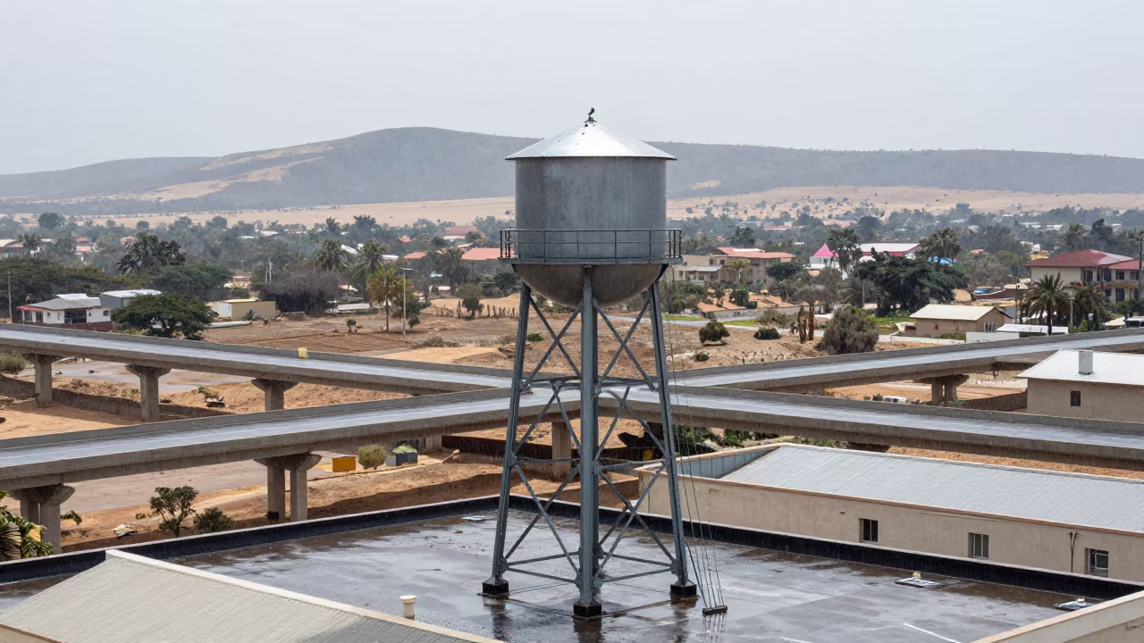 Water Tower On Rooftop Over Namibian Overpass in across a windy overpass interchange in Namibia