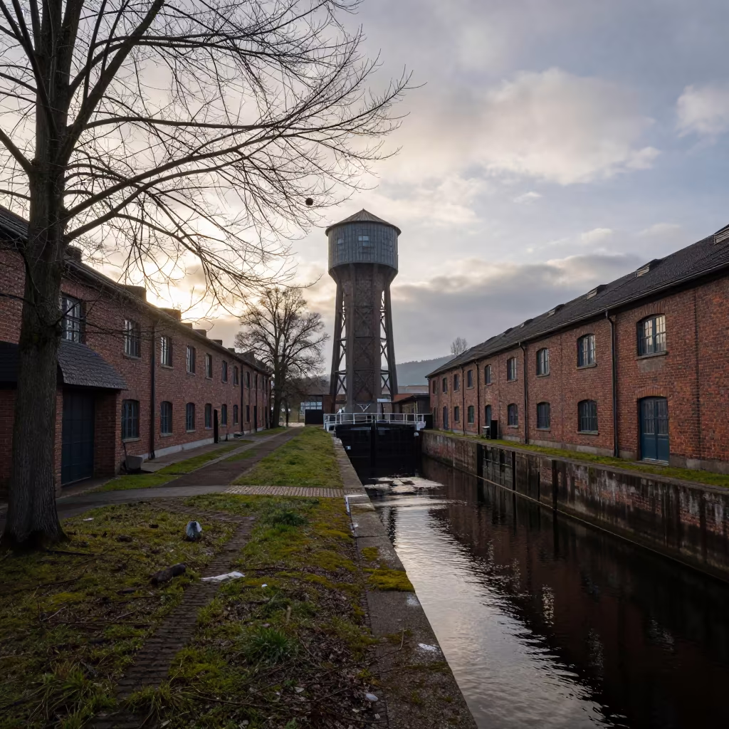 Water Tower Shadow Over Canal Locks at Dawn in at a canal lock chamber in the Black Forest